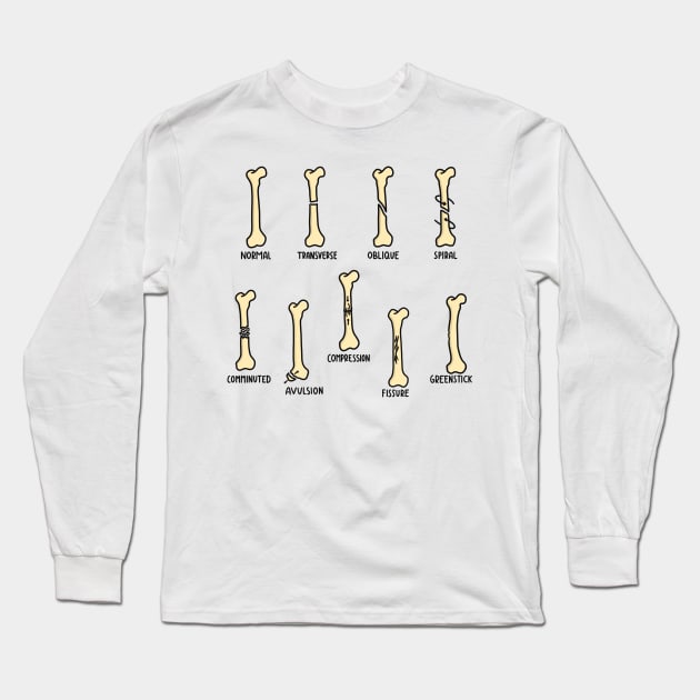 Hand Drawn Types of Fractures Black Text Long Sleeve T-Shirt by Sofia Sava